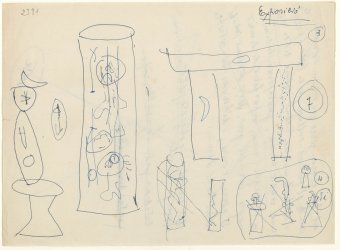 Drawings of Ironing board, 1956; Large palm tree, 1956; Portico, 1956; Large figure, 1956, and other unidentified works