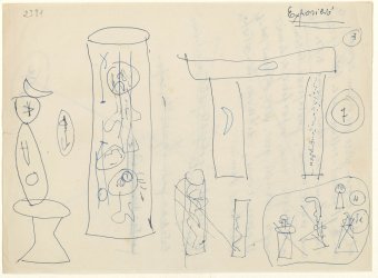 Drawings of Ironing board, 1956; Large palm tree, 1956; Portico, 1956; Large figure, 1956, and other unidentified works